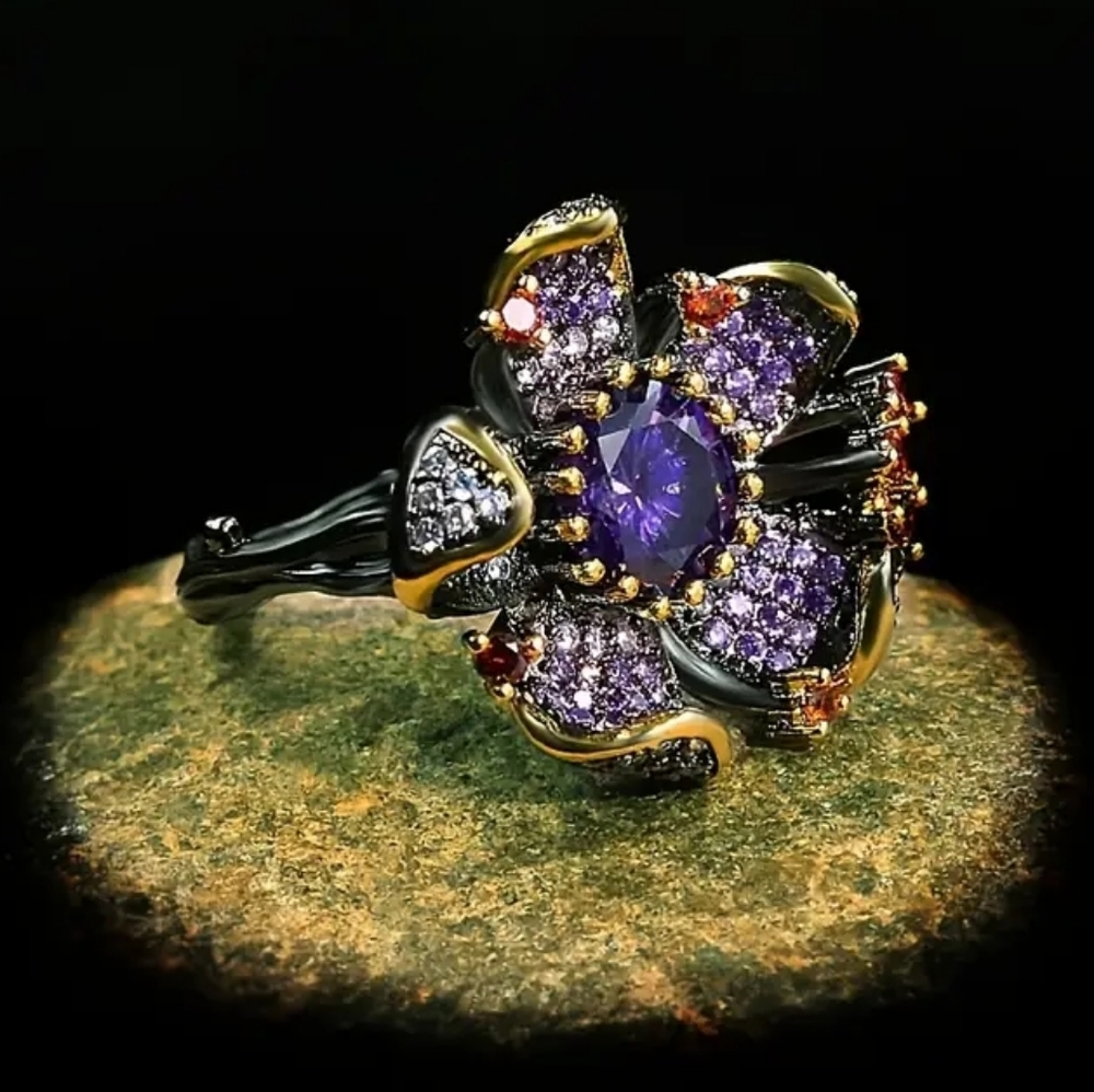 "Rare Indigo Orchid" .925 Solid Sterling Silver Black Gold Plated Statement Ring - Picture 4 of 6
